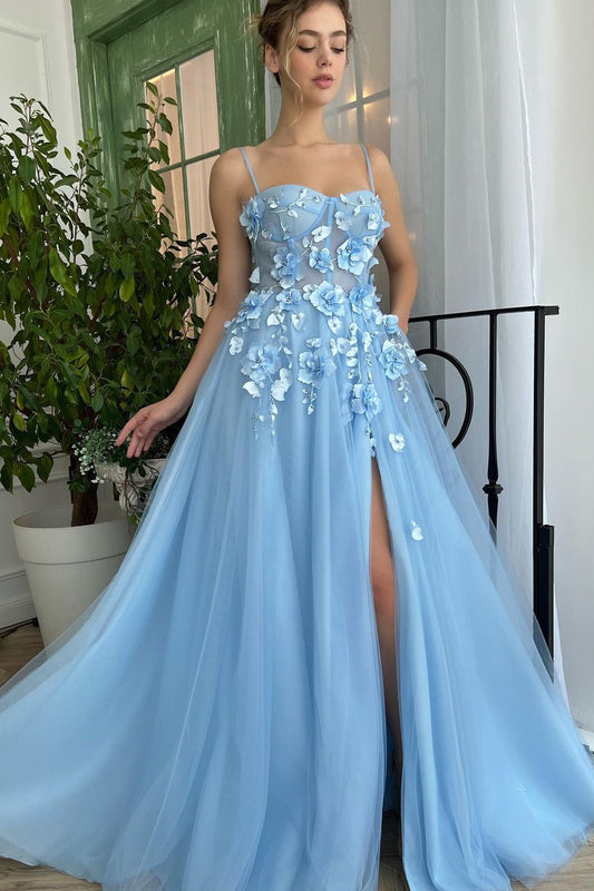 Baby Blue Sweetheart Flowers Appliques Spaghetti Strap Prom Dress Side Split