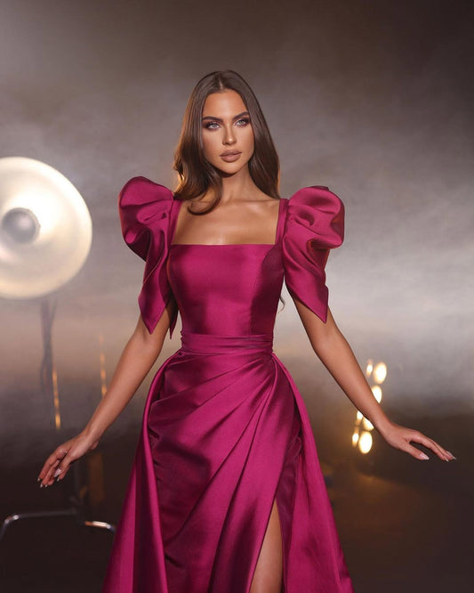 Fuchsia Short Sleeves Square Mermaid Pleated Prom Dress