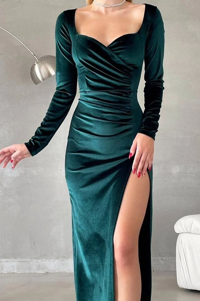 Stunning Regency Velvet Long Sleeves V Neck Long Prom Dress with High Split