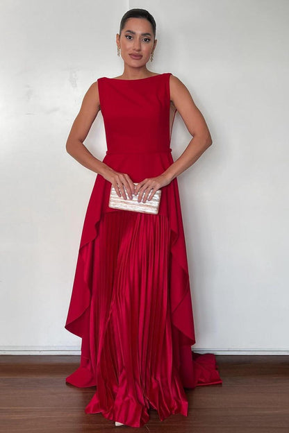Exquisite Red Chiffon Sleeveless High Waist Pleated Long Prom Dress with Belt