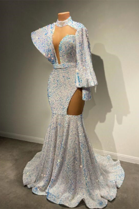 Long Sleeves High Neck Mermaid Prom Dress With Sequins