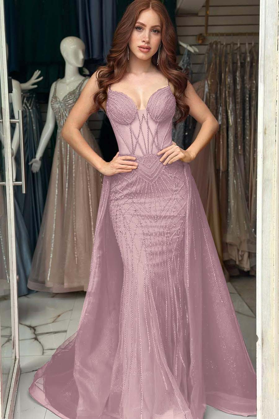 Elegant Red Sequins Spaghtti Strap Sleeveless Sweetheart Prom Dress with Detachable Train
