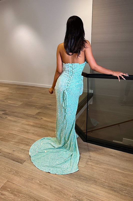 Blue Sequins Sleeveless Sweetheart Mermaid Princess Prom Dress With Split Trumpet