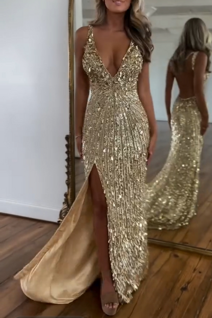 Charming Gold Sequins Spaghetti Strap Sleeveless V Neck Long Prom Dress with Split