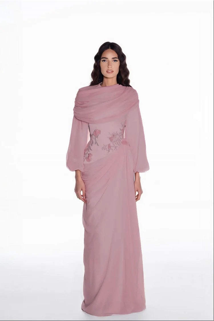 Elegant Long Sleeves Hing Neck Mermaid Evening Dress With Appliques