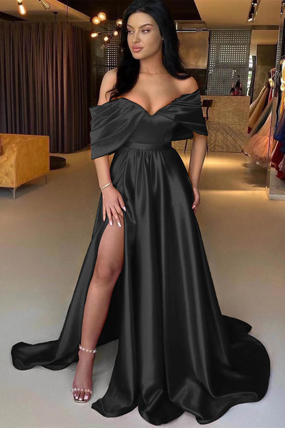Red A Line Off The Shoulder Prom Dress Split