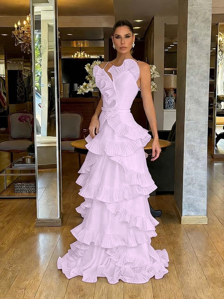 Structured Spaghetti Straps Sleeveless Ruffles Floor Length Evening Dress