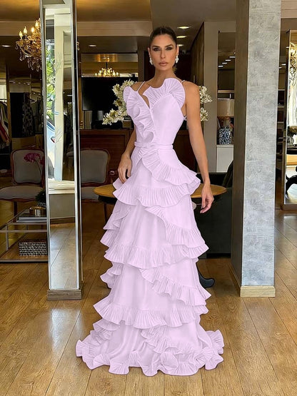 Structured Spaghetti Straps Sleeveless Ruffles Floor Length Evening Dress