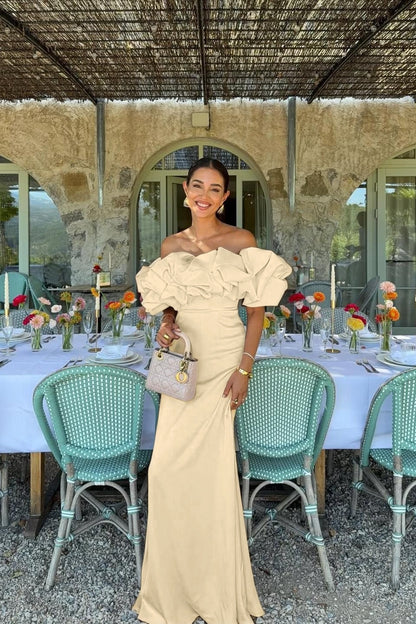 Satin Sleeveless Off-The-Shoulder Long Evening Dress With Pleated