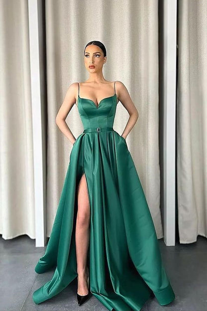 Dark Green Spaghetti-Straps A-Line V-Neck Long Prom Dress With Split