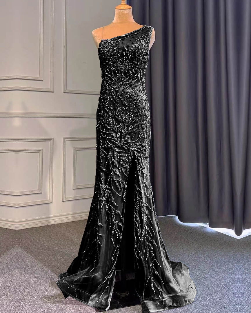 Light Purple Mermaid Beads One Shoulder Prom Dress With Long Ruffles Appliques Front Split