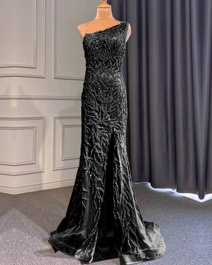 Light Purple Mermaid Beads One Shoulder Prom Dress With Long Ruffles Appliques Front Split