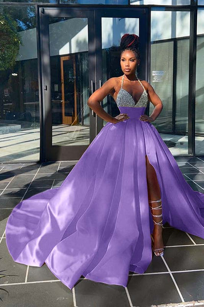 Glamorous Yellow Sequins V-Neck A-Line Prom Dress  Sleeveless With Split