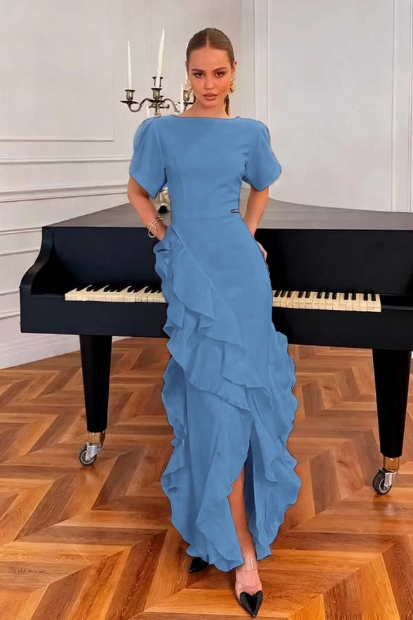 Charming Black Jewel Neck Short Sleeves Ruffles Split Evening Dress