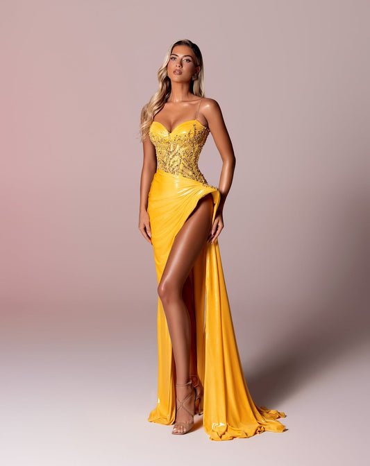 Luxury Mermaid Slit Spaghetti Strap Sleeveless Beaded Long Dress With Sweetheart
