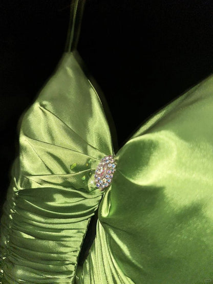 Fresh Green A Line Spaghetti Strap Chiffon Ruffle Satin Long Prom Dress Formal Gown SH3971