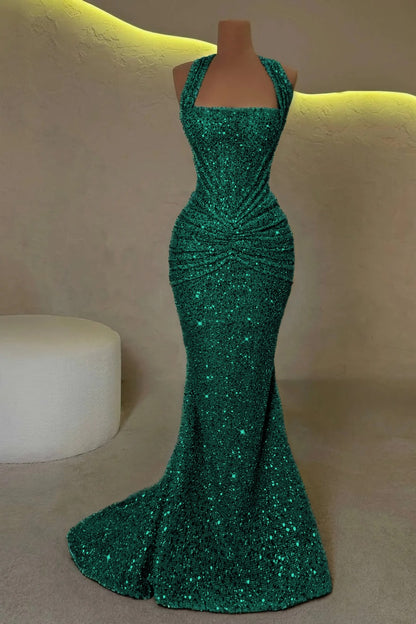 Gold Sleeveless Halter Straps Mermaid Prom Dress With Sequins