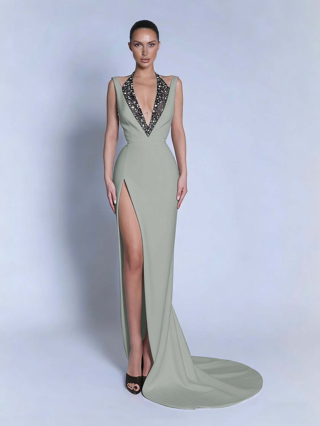 Black Sleeveless Slit Halter Straps Prom Dress With Beads