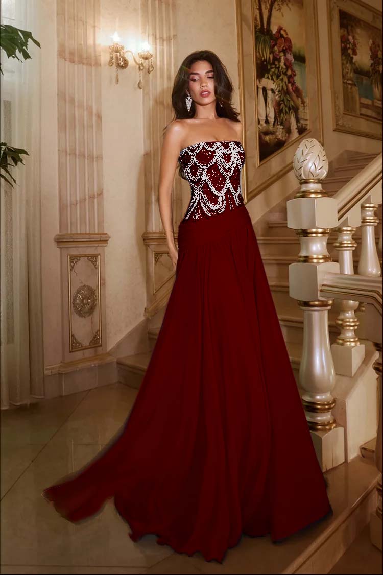 Exquisite DarkNavy Chiffon Sleeveless Strapless Evening Dress with Sequins