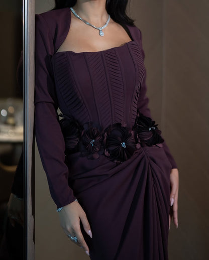 Sophisticated Long Sleeves Long Prom Dress With Handmade Flower