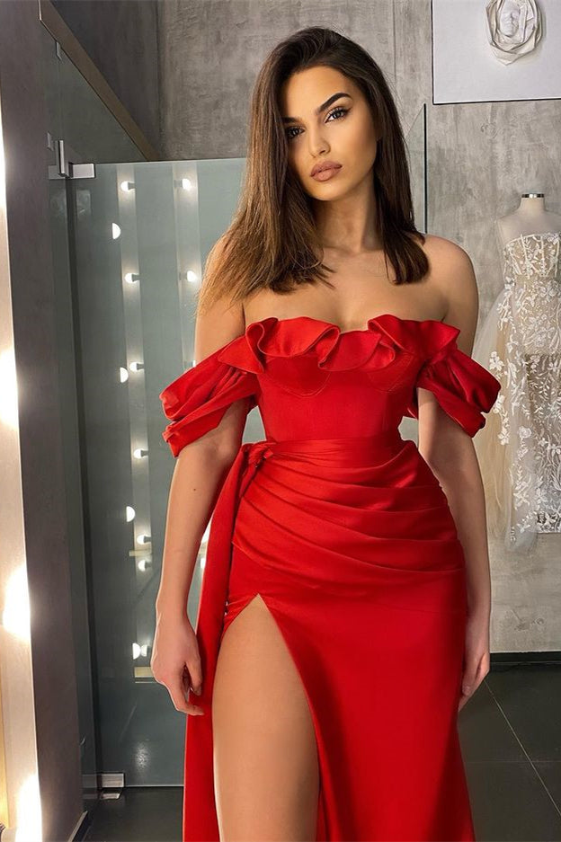 Red Off-the-Shoulder Slit Prom Dress Long With Ruffles