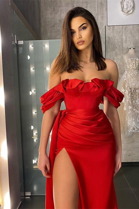 Red Off-the-Shoulder Slit Prom Dress Long With Ruffles