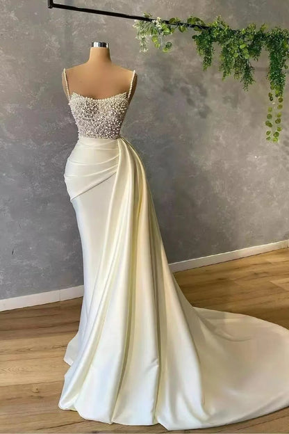 Gorgeous Spaghetti-Straps Pearl Mermaid Evening Dress With Sequins Pleated