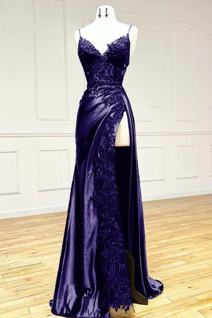 Black V Neck Spaghetti Strap Sleeveless Long Split Prom Dress with Embroidered