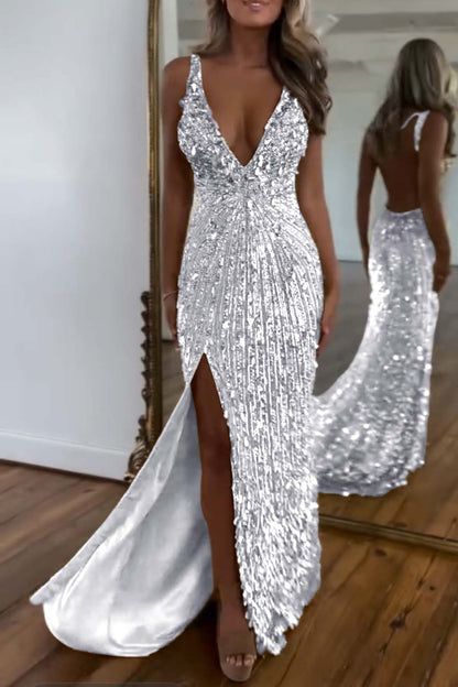 Charming Gold Sequins Spaghetti Strap Sleeveless V Neck Long Prom Dress with Split