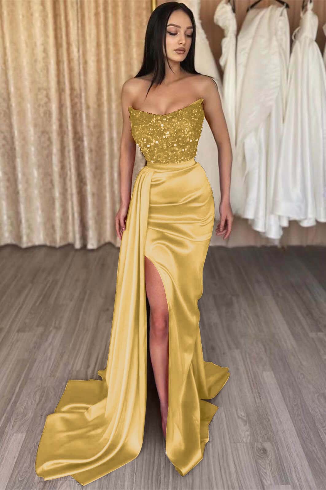 Red Strapless Elegant Long Sequins Prom Dress Mermaid Slit