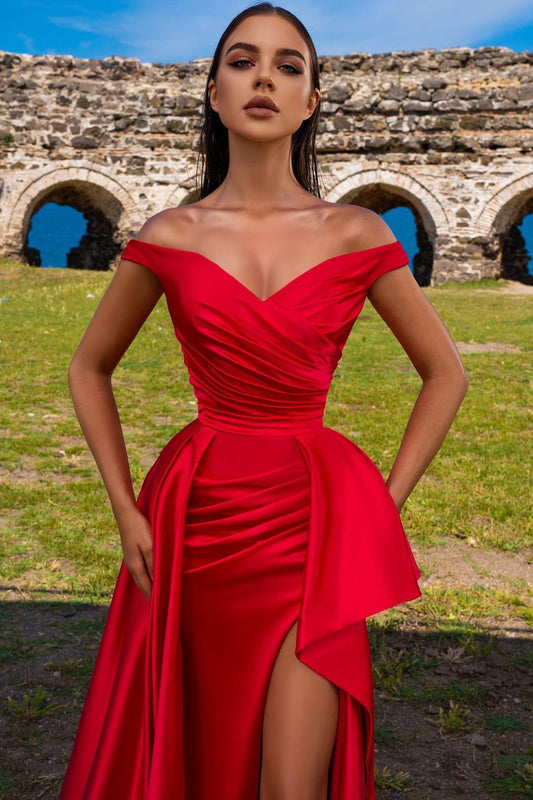 Off-The-Shoulder Mermaid Prom Dress Red With Slit
