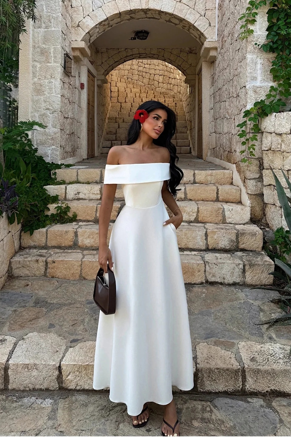 Elegant White Sleeveless A Line Off Shoulder Square Long Prom Dress