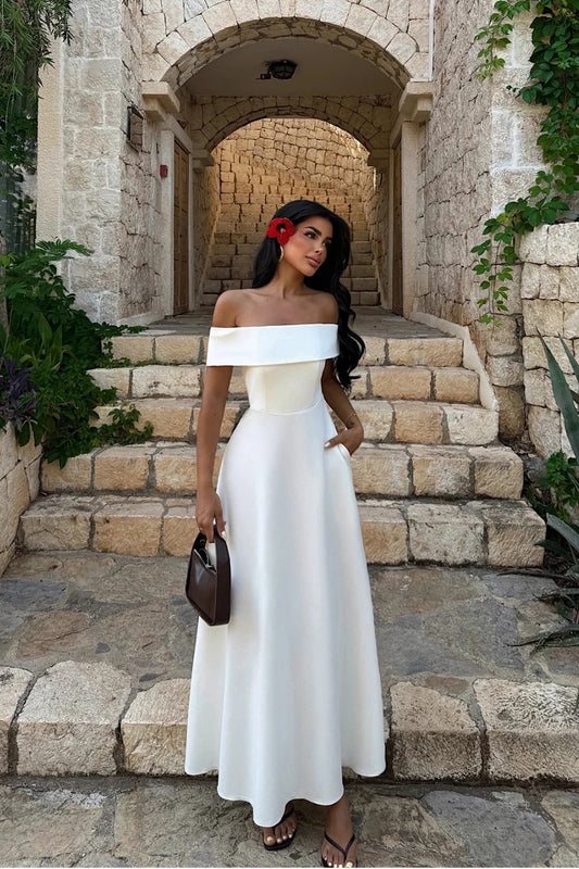 Elegant White Sleeveless A Line Off Shoulder Square Long Prom Dress
