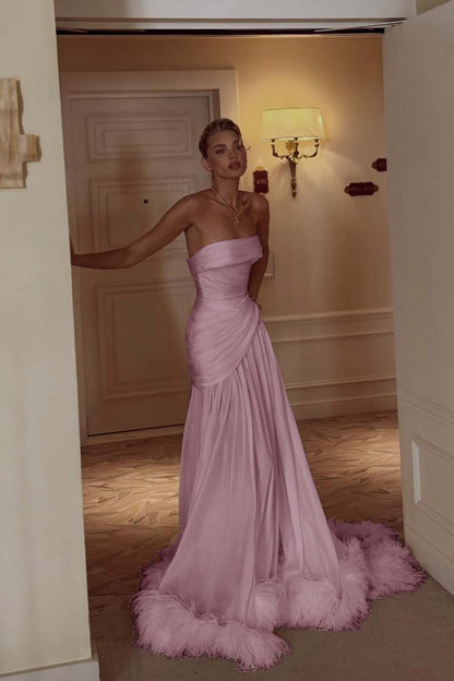 Sleeveless Strapless Square Prom Dress With Feather