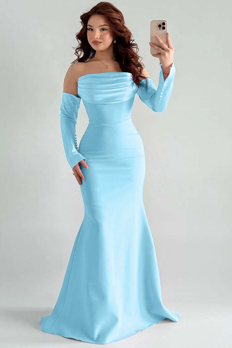 Square Strapless Mermaid Long Sleeves Prom Dress With Pleated