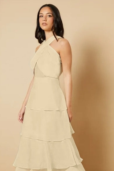 Sleeveless Halter Straps A Line Long Ruffles Prom Dress