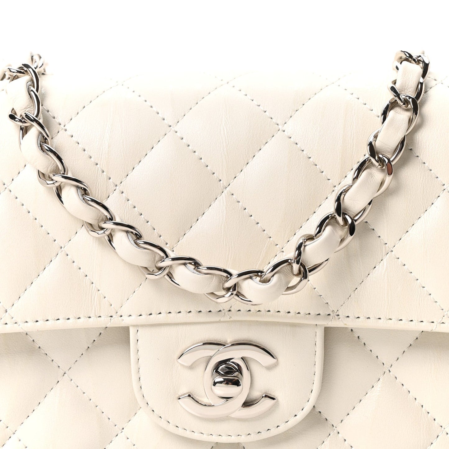 Iridescent Calfskin Quilted Mini Rectangular Flap White