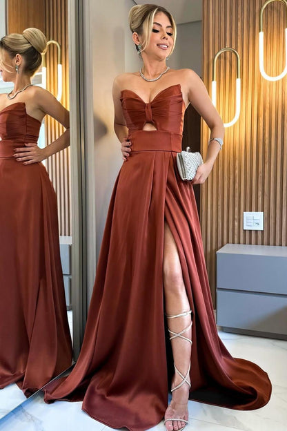 Elegant Satin Sweetheart Sleeveless Strapless Long Pleated Prom Dress with Split
