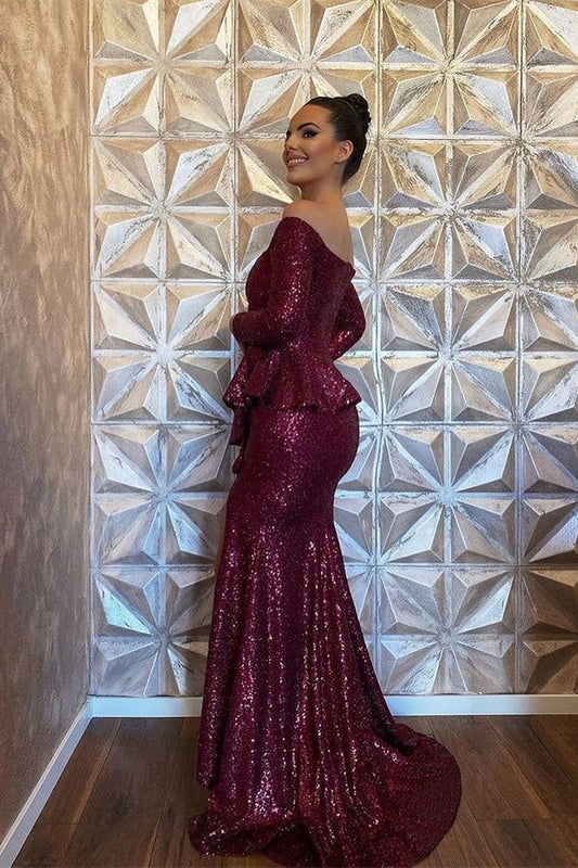 Long Sleeves Sequins Burgundy Mermaid Evening Dress With Slit
