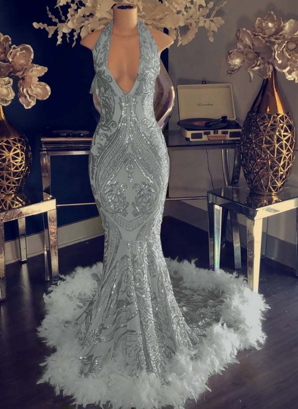 Mermaid Sequins Halter Prom Dress Open Back