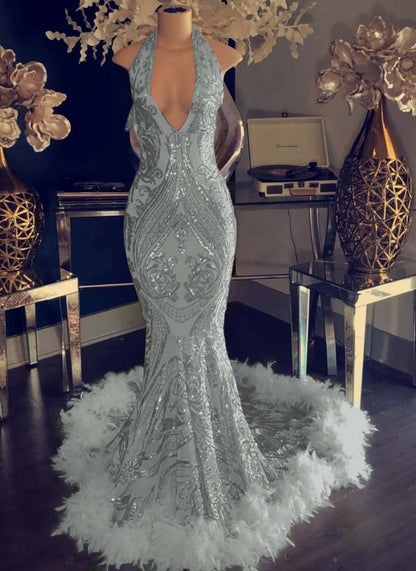 Mermaid Sequins Halter Prom Dress Open Back