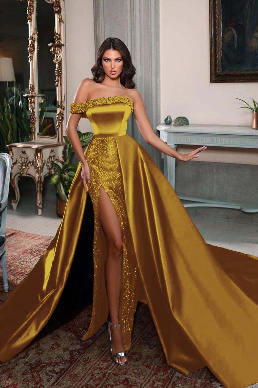 Charming Burgundy Satin One Shoulder Sleeveless Split Long Prom Dress with Beadings