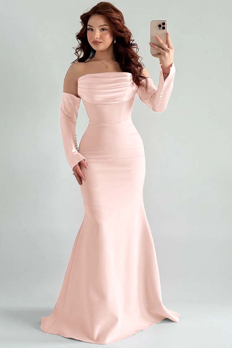 Square Strapless Mermaid Long Sleeves Prom Dress With Pleated