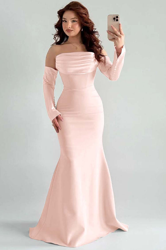 Square Strapless Mermaid Long Sleeves Prom Dress With Pleated