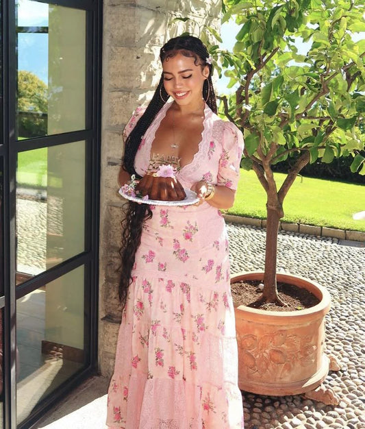 Cute A Line V Neck Print Flower Pink Lace Satin  Prom Dress Evening Dress SH2345