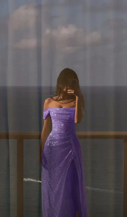 Off Shoulder White Sequin Side Slit Long Evening Prom Dresses, Sequin Wedding Dresses      fg4934