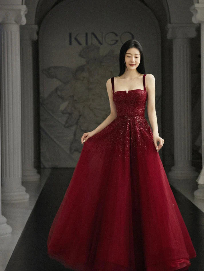 Burgundy Prom Dresses A line Straps Tulle Evening Dresses      fg6734