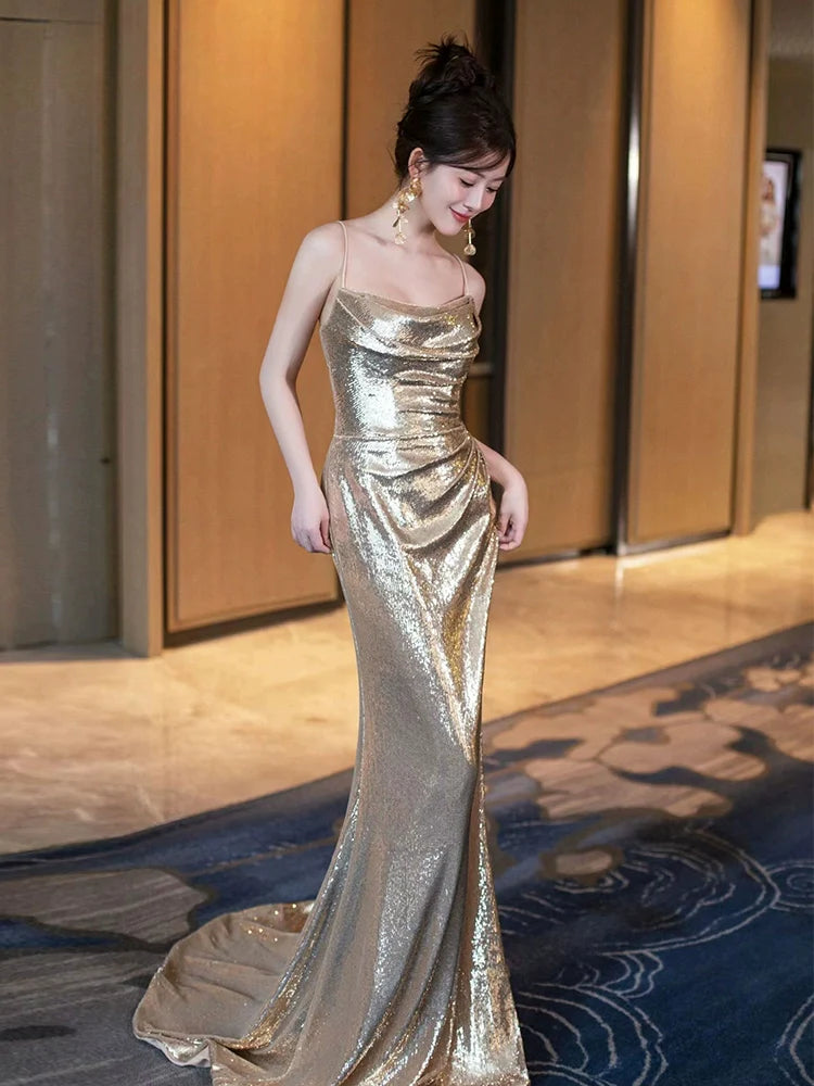 Gold Sequin Mermaid Long Prom Dress Sexy Evening Dresses   fg7667