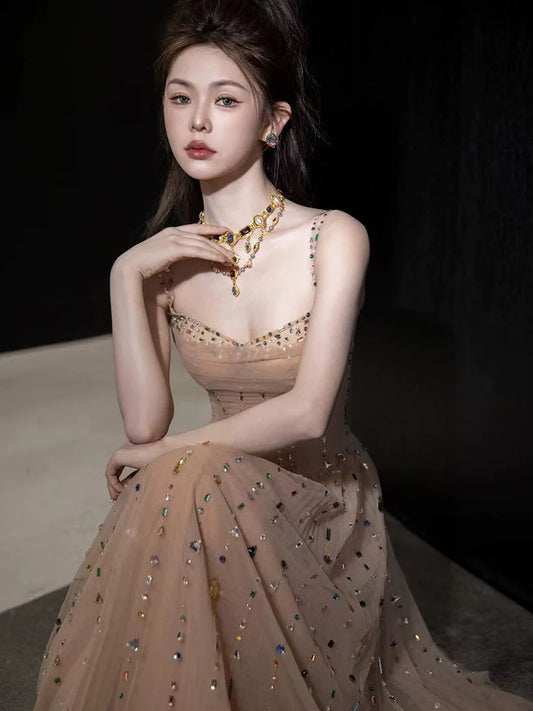 A Line Champagne Long Prom Dress Sexy Evening Dresses   fg7663