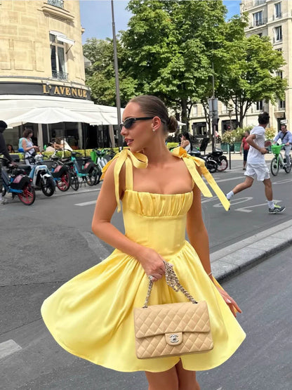 A Line Homecoming Dresses Yellow Bow Strap Prom Cocktail Party Gown       fg6229